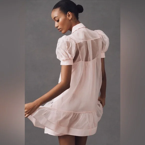 Anthropologie Maeve Pink Sheer Beaded Embroidered Short Sleeve Mini Dress NWT - Picture 14 of 15